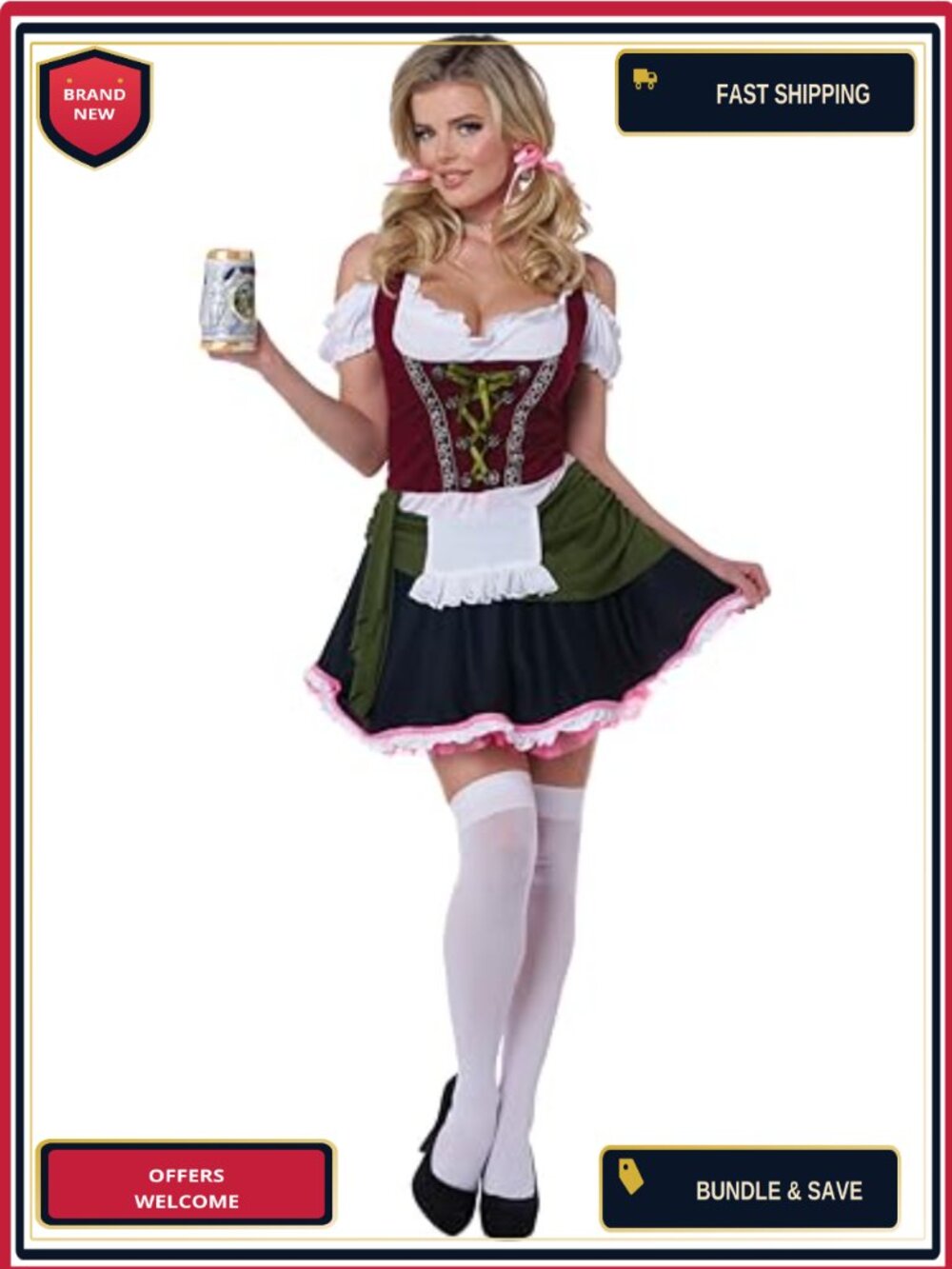 Bavarian Bar Maid Costume Dress Hair Bows Pettiskirt Adult